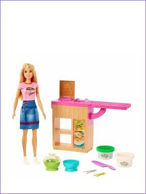 Barbie Noodle Bar Playset with Blonde Doll, Workstation New In Box